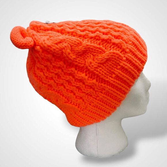 Olive Pique Bear Ear Beanie Hat Neon Orange Acrylic Cable Knit Cozycore Outdoor - Picture 8 of 9